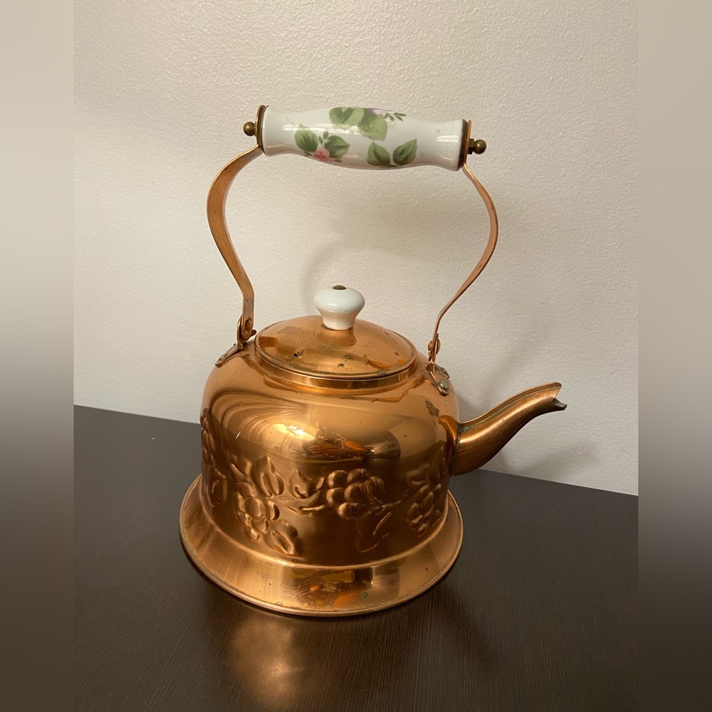 Vintage, Copper Kettle with Porcelain Handle and Knob and Embossed Decorations